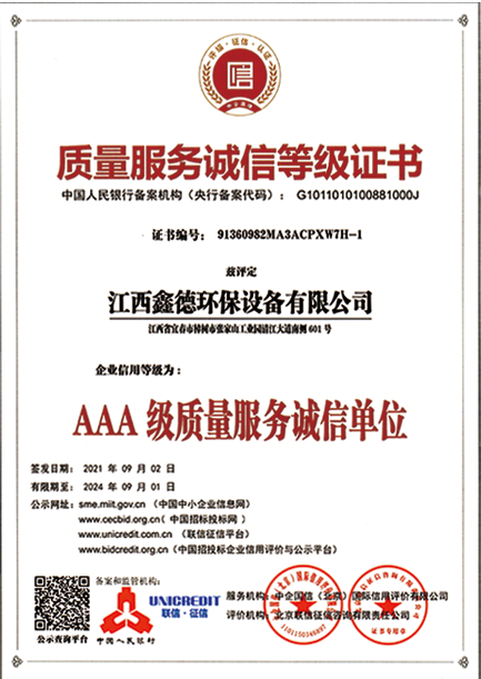 質(zhì)量服務(wù)誠(chéng)信等級(jí)證書